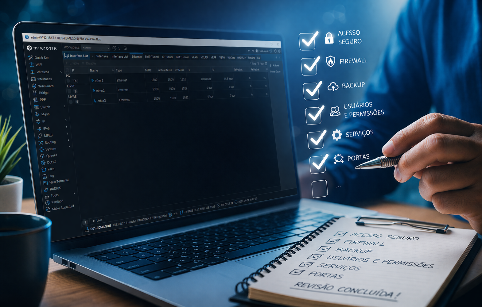 Tela de revisao de checklist de hardening com itens como acesso seguro, firewall, backup, usuarios, servicos e portas